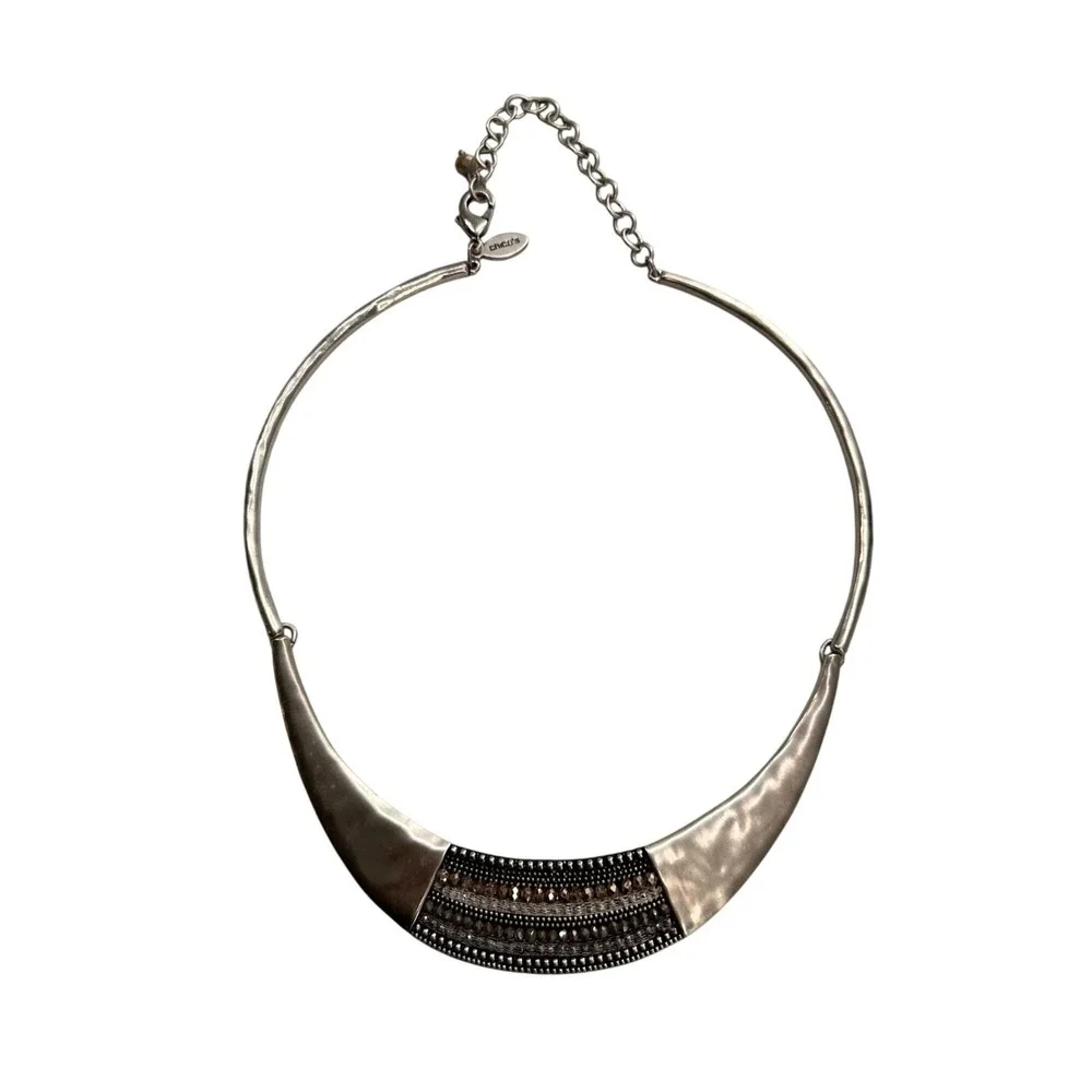 Chicos Elegant Hammered Collar Silver Tone Bib Necklace Beaded Accent Adjustable